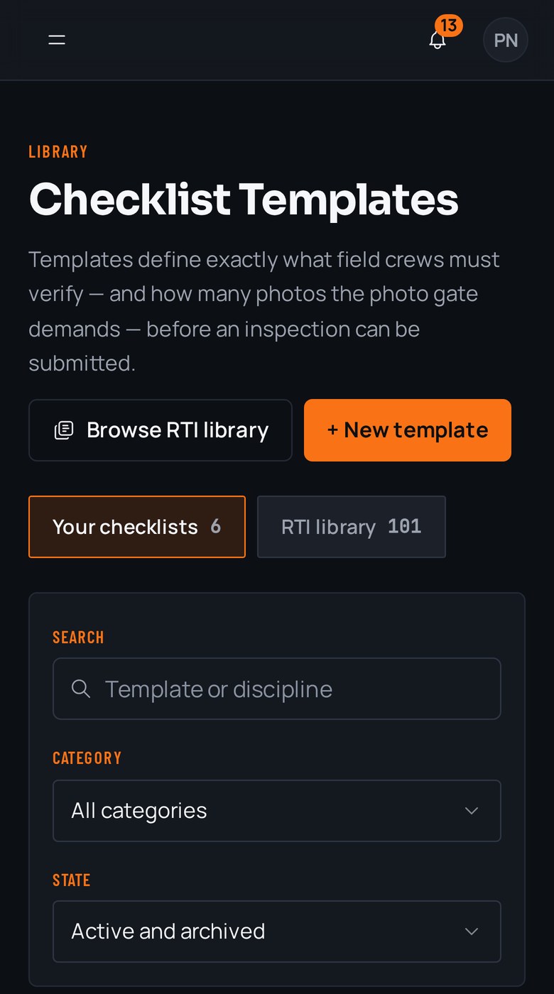 Checklist templates on a phone, with your templates and the RTI library filtered by category