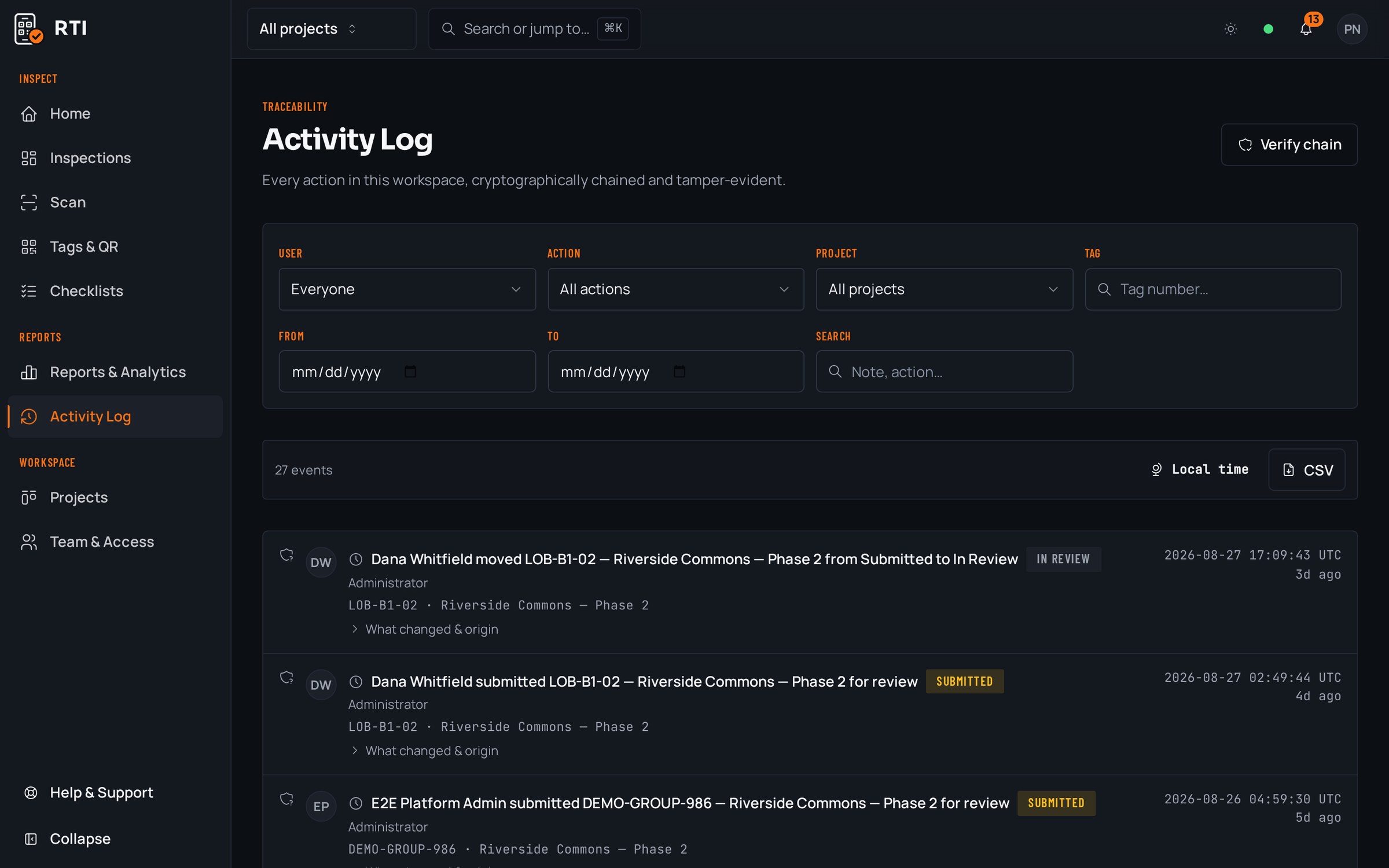 The RTI activity log where every action is cryptographically chained, with absolute UTC timestamps