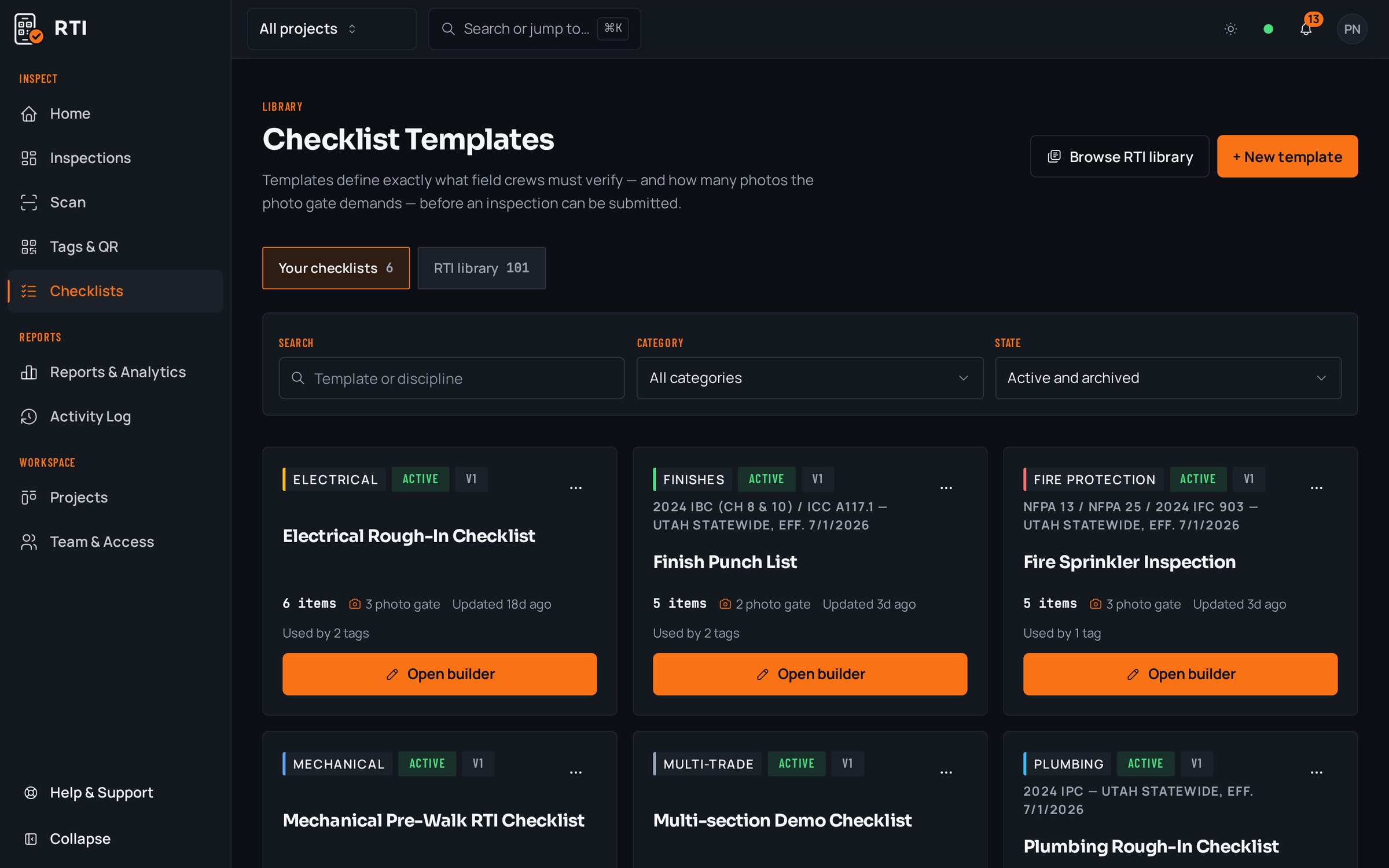 RTI checklist templates tagged by trade, showing item counts and photo gate minimums