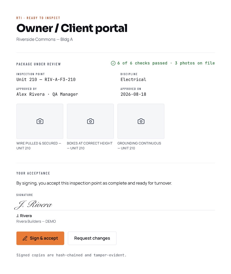 RTI owner/client sign-off portal for Unit 210 — RIV-A-F3-210: 6 of 6 checks passed, 3 photos on file, with the client's signature and a Sign & accept action.