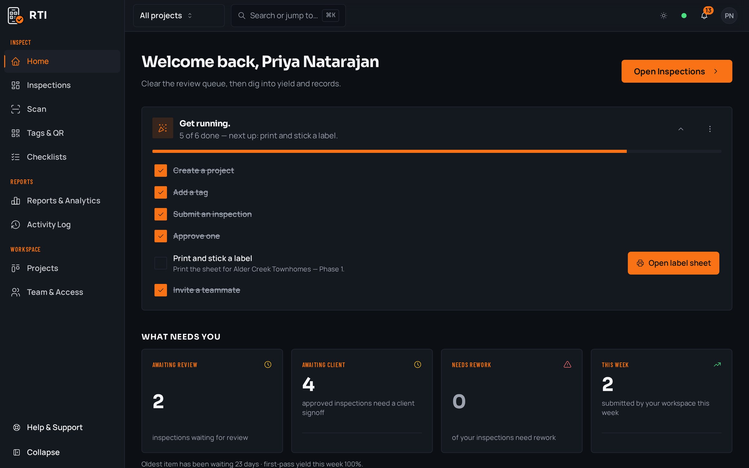 The RTI home screen showing setup progress, review queue counts, and first pass yield for the week