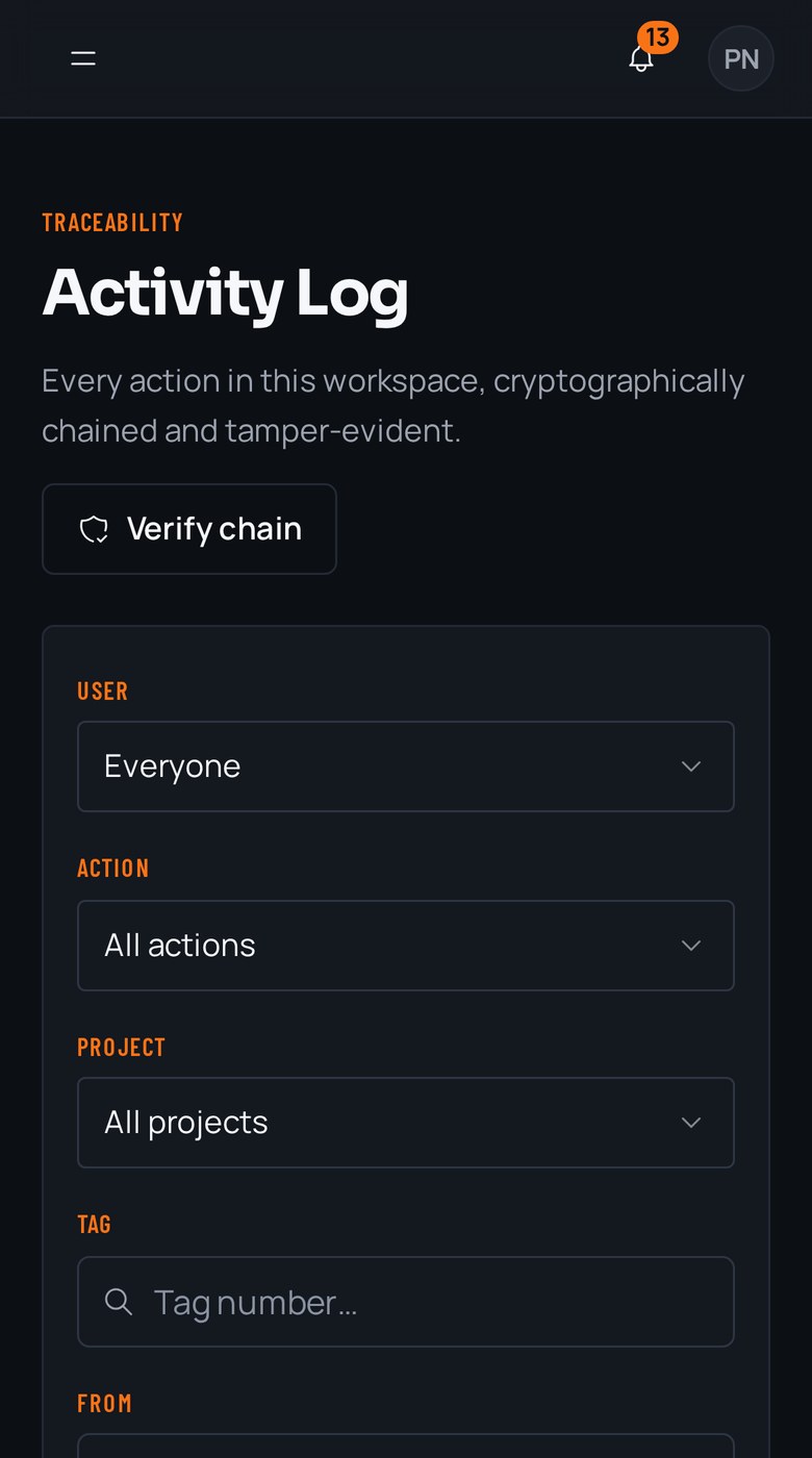 The activity log on a phone, with the verify chain, filters, and chained events in one column