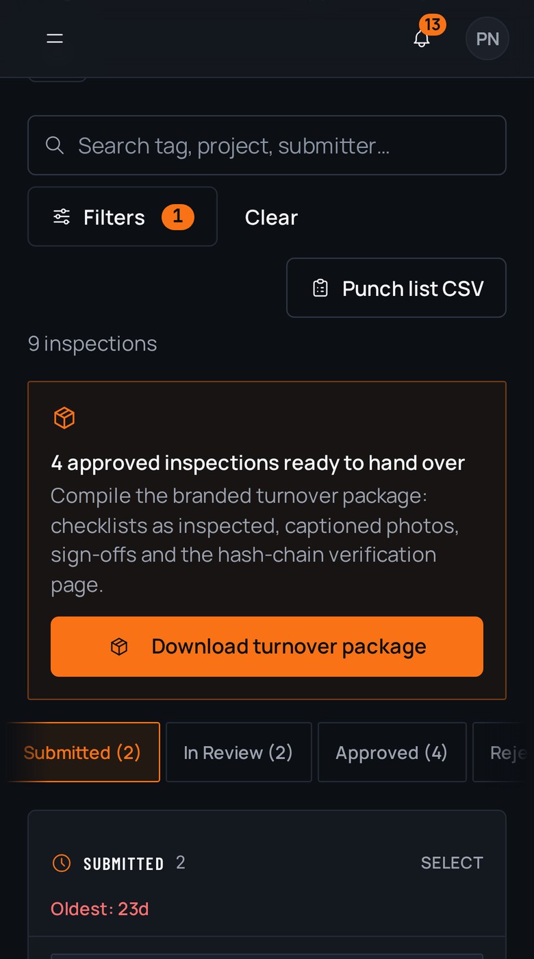 The inspections list on a phone, showing status tabs and cards tagged by unit with the scan button in the bottom bar