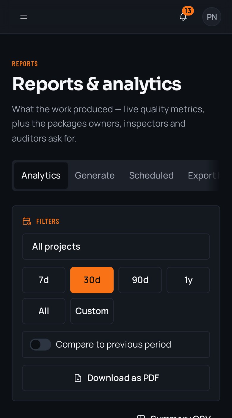 Reports on a phone, with period filters and headline quality metrics stacked in one column