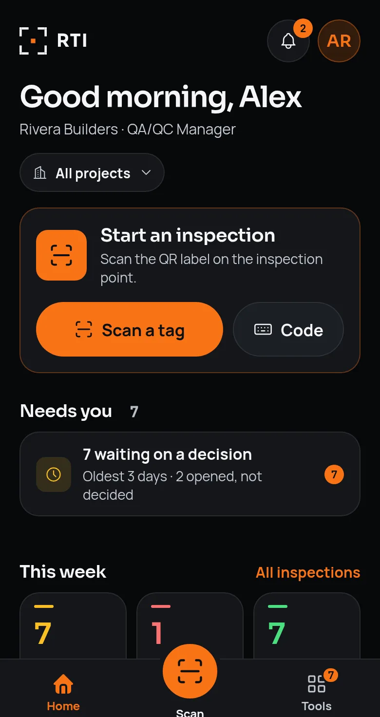 The RTI mobile app's home screen: start an inspection by scanning a tag, seven inspections waiting on a decision, and the week in numbers