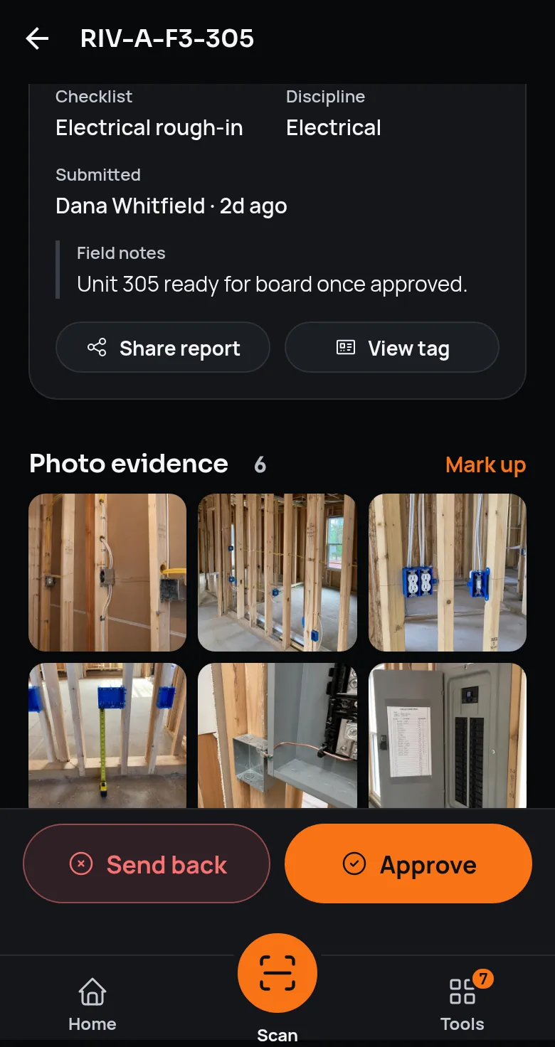 An electrical rough-in inspection under review in the RTI mobile app, with six jobsite photos and the send back and approve buttons